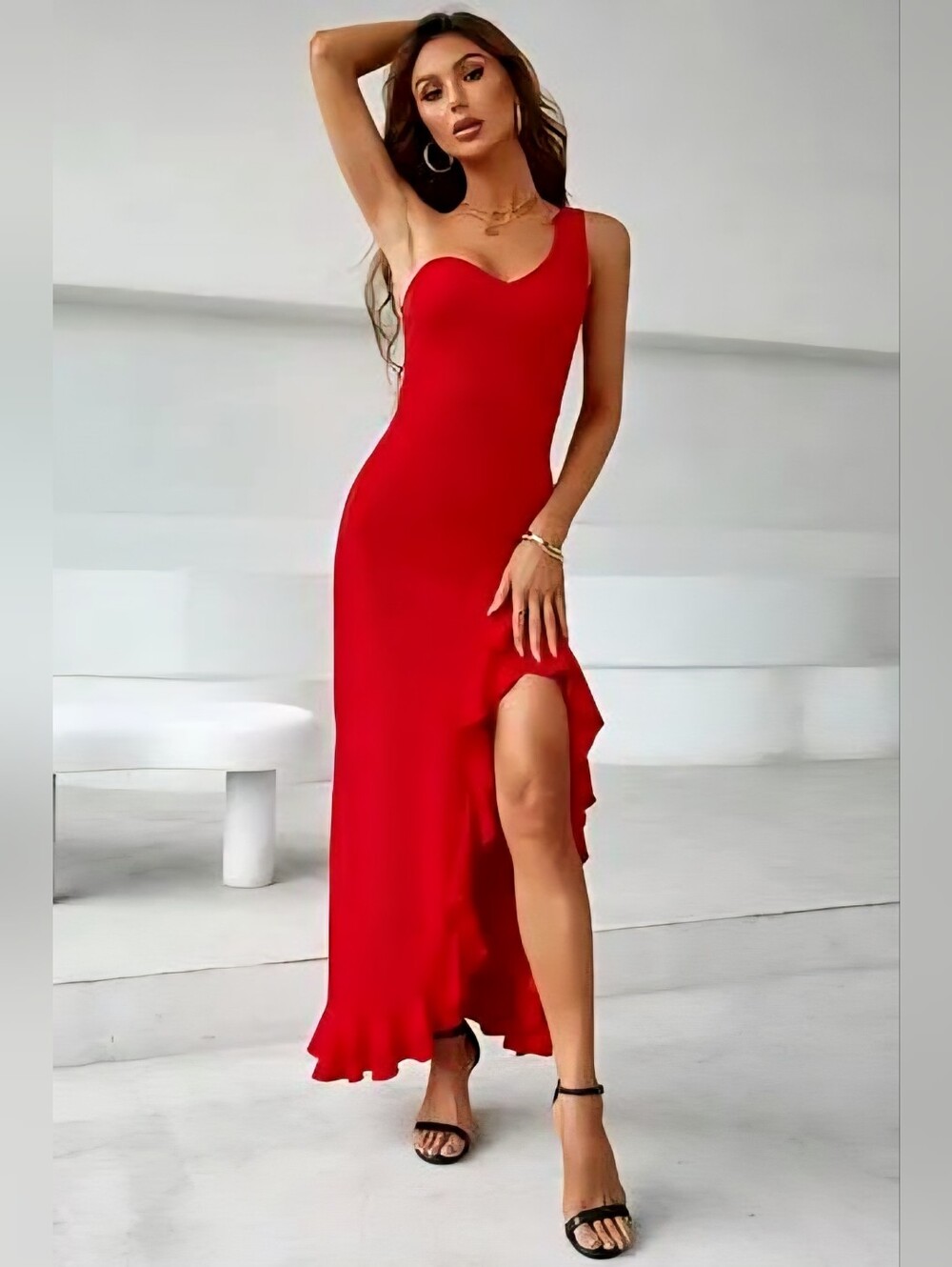 One Shoulder Red Cascading Maxi Dress With Ruffles